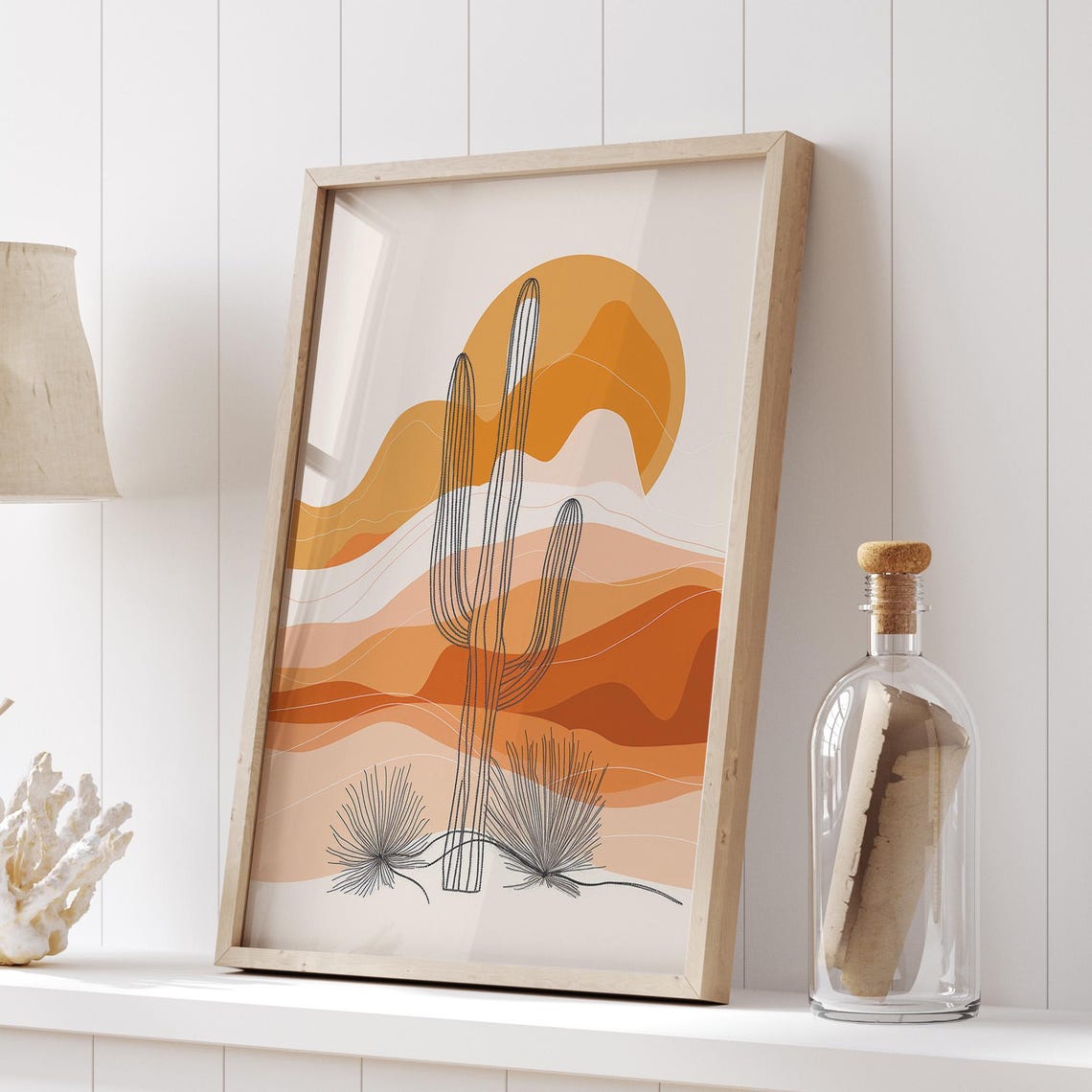 Desert Saguaro Cactus Sunset Line Art Boho Style Wall Poster - Image 5
