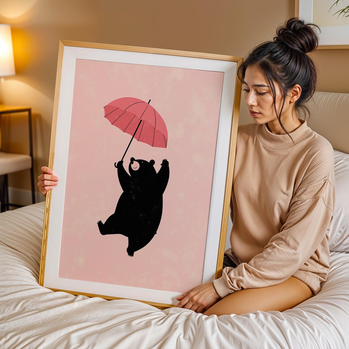 Black Bear Floating With Pink Umbrella Whimsy Art Nursery Room Decor Poster - Image 2