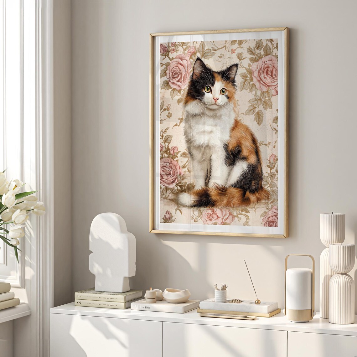 Calico Cat Front Sitting Roses Floral Vintage Portrait Nursery Wall Art - Image 3