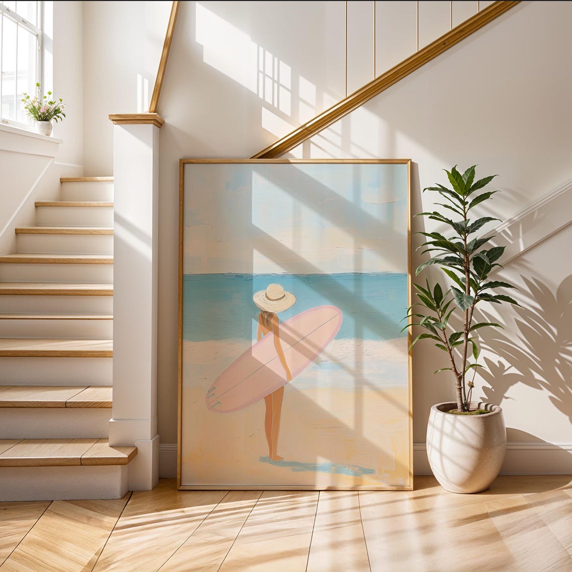 Surfer Girl Wall Art Print Beach Wall Poster Coastal Wall Art Pink Surfboard Art Print Summer Home Decor Print - Image 3