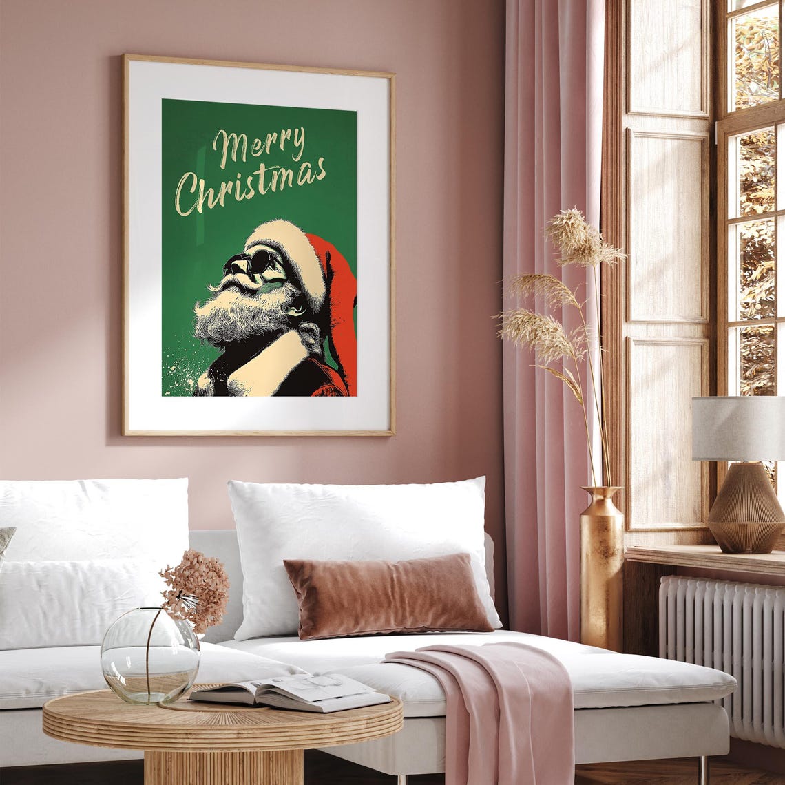Merry Christmas Cool Santa Sunglasses Retro Script Green Art Poster - Image 2