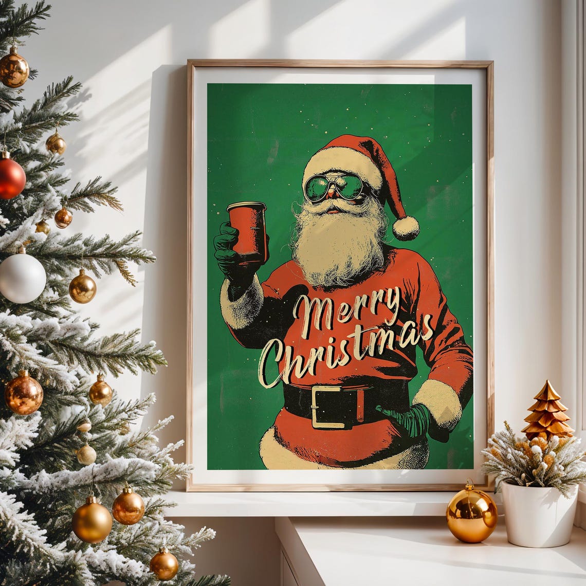 Cheers Santa Claus Raising Glass Aviator Shades Green Xmas Wall Art - Image 2