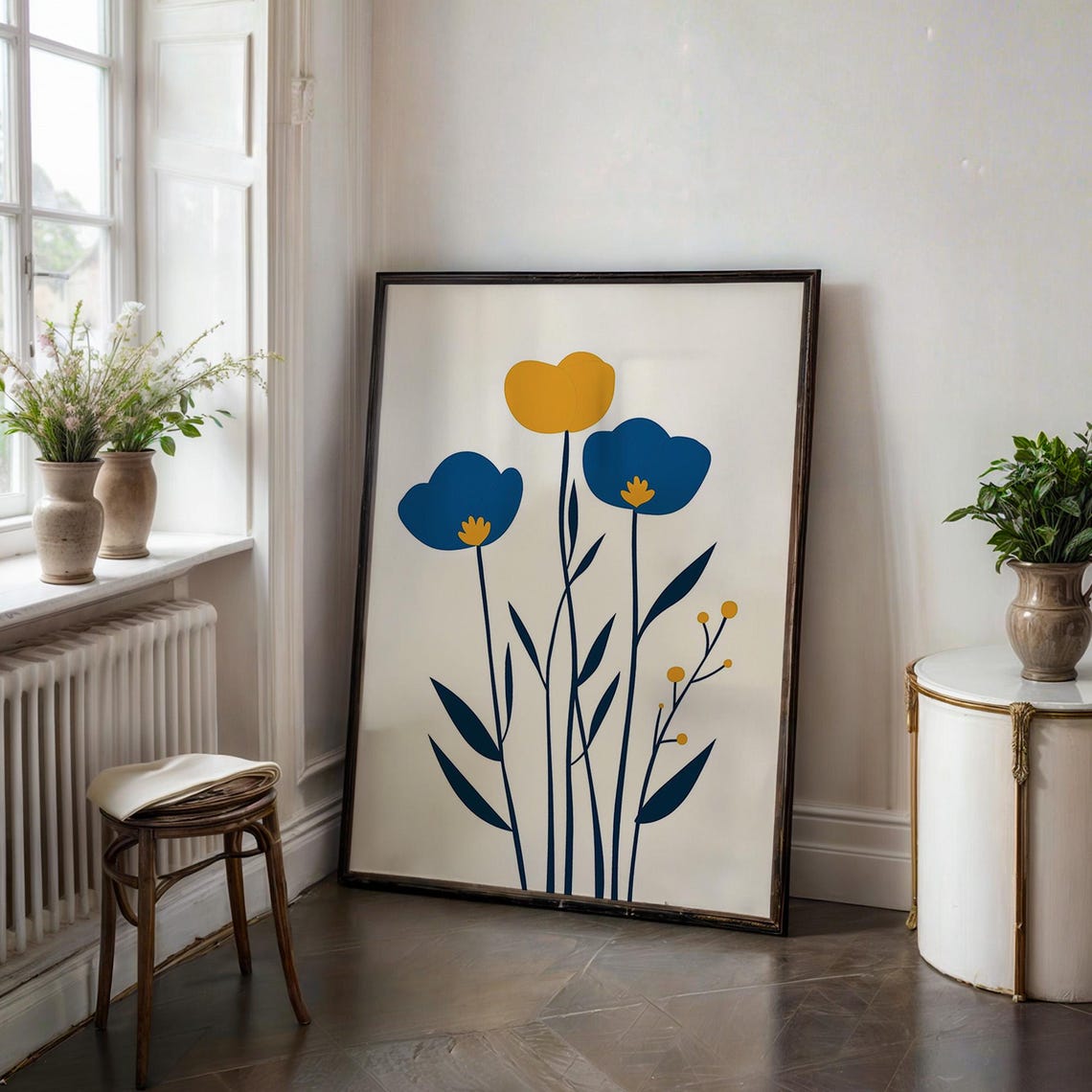 Blue and Yellow Minimalist Flowers Poster Modern Abstract Art - Image 4