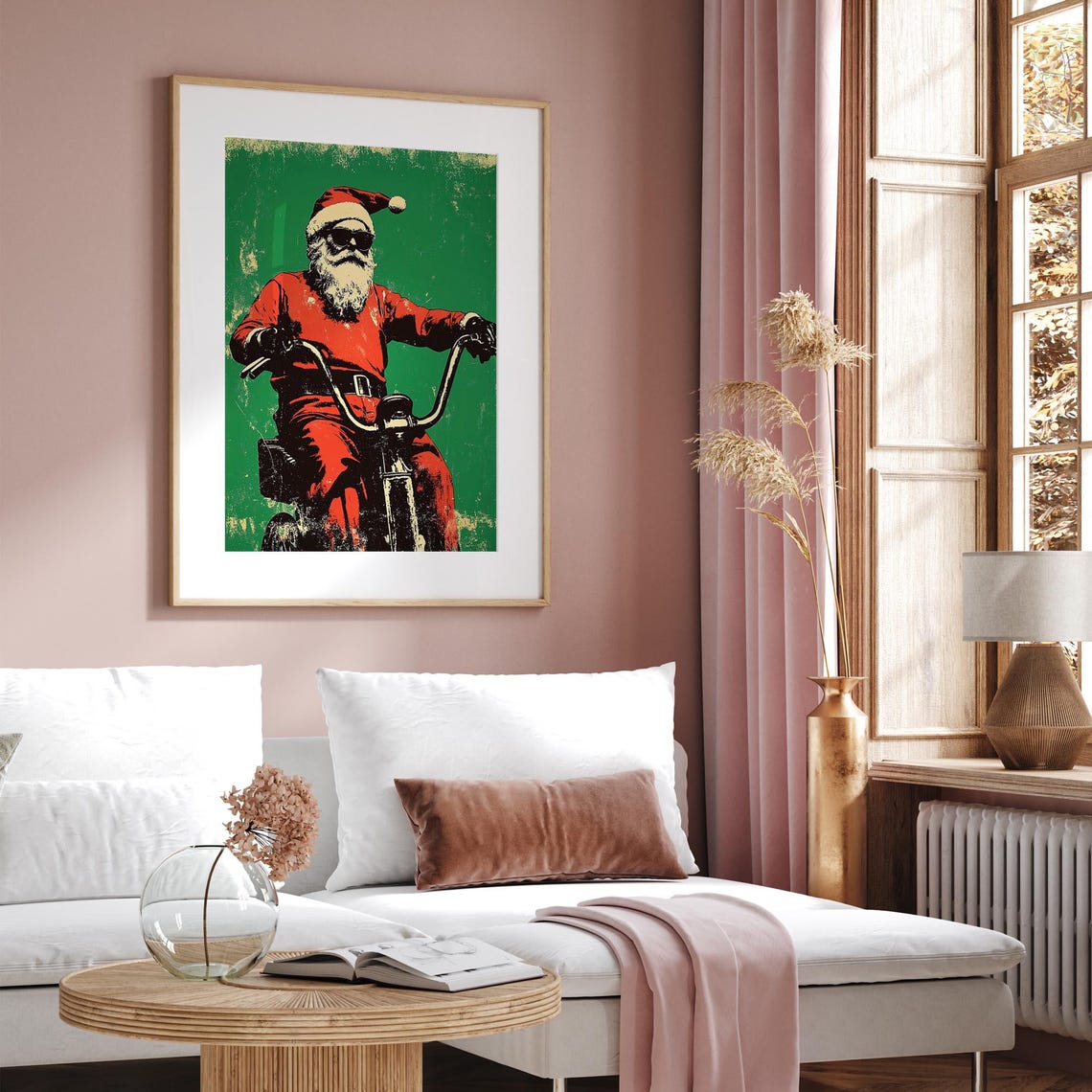 Cool Santa Claus Riding Motorcycle Sunglasses Retro Green Xmas Poster - Image 3