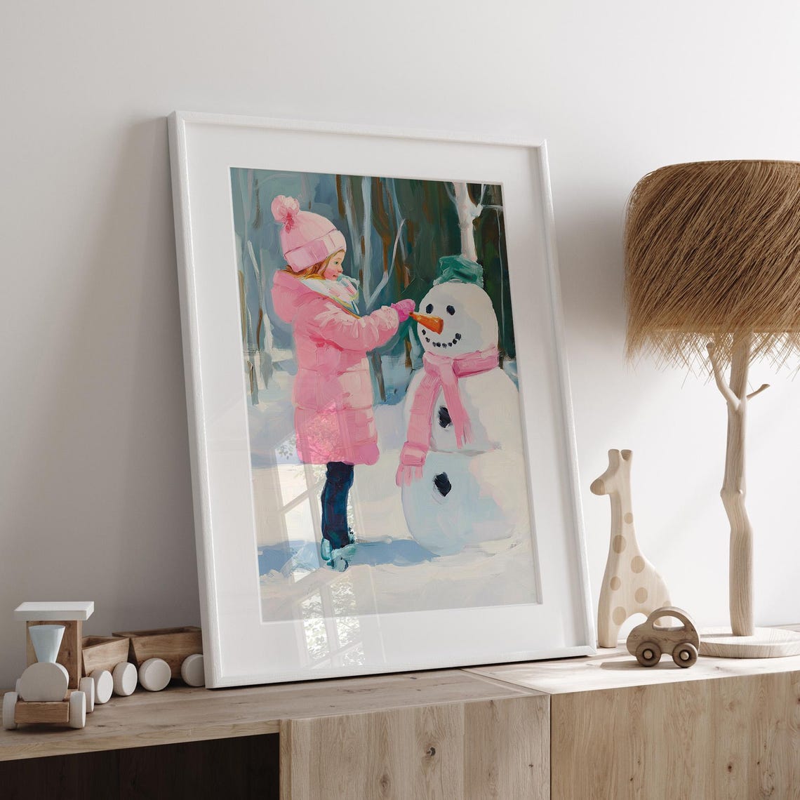 Girl Building Snowman In Pink Coat Winter Scene Kids Room Decor Poster - Image 2