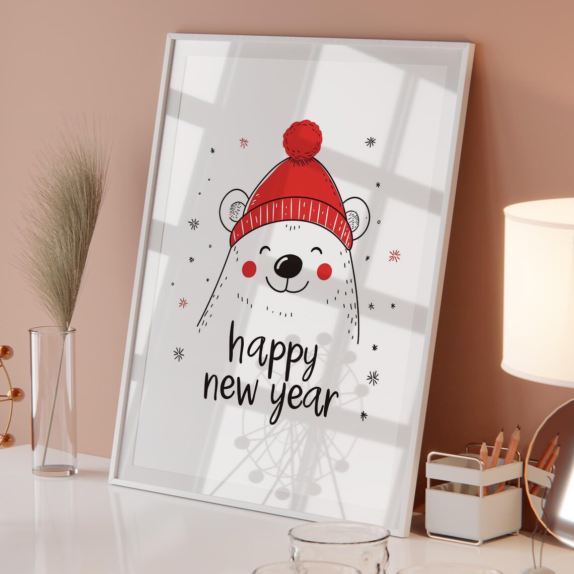 Smiling Polar Bear Happy New Year Minimalist Art New Year Party Decor Poster - Image 5