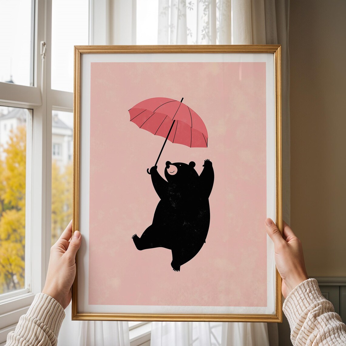 Black Bear Floating With Pink Umbrella Whimsy Art Nursery Room Decor Poster - Image 4