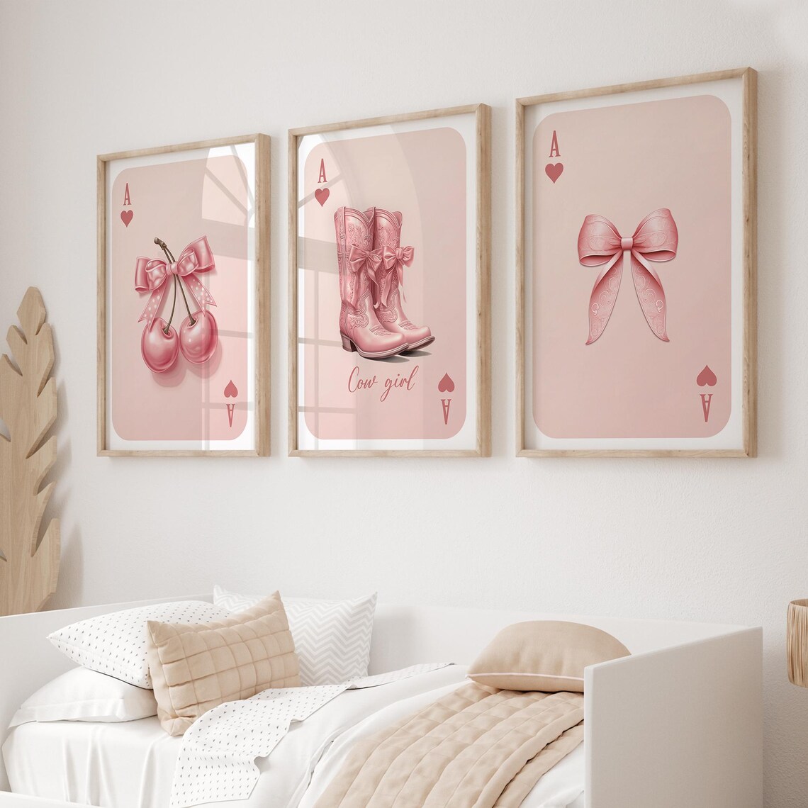 Pink Playing Card Wall Art Set Trendy Cowgirl Wall Prints Feminine Heart Ace Poster Trio Modern Cherry And Bow Decor - Image 5
