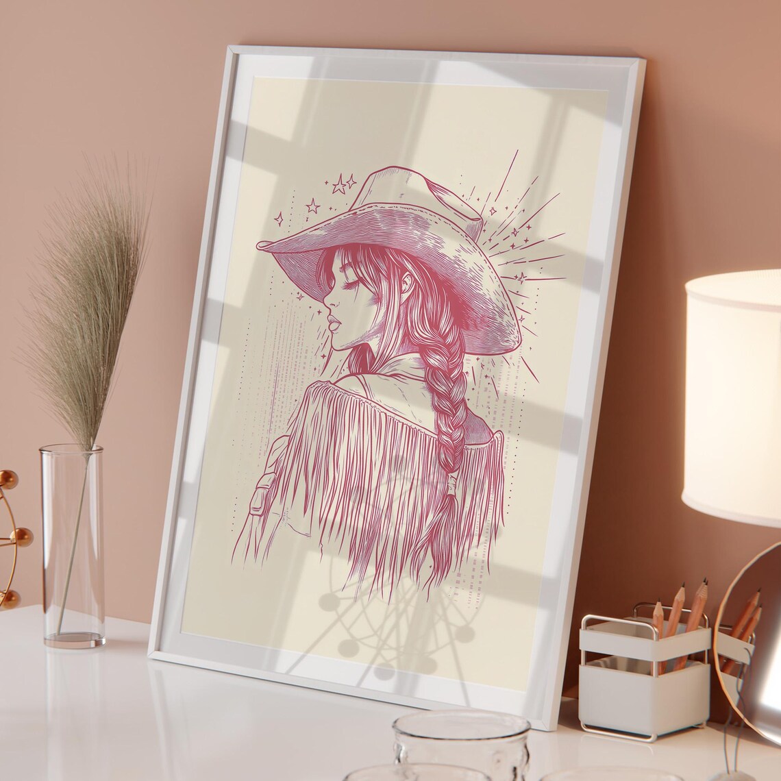 Blush Pink Line Art Cowgirl With Braid Fringe Western Poster - Image 5