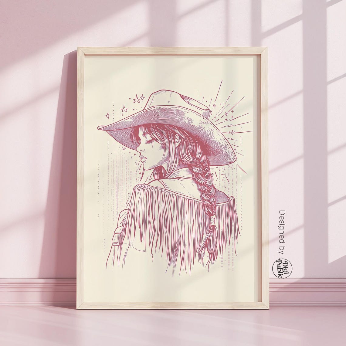 Blush Pink Line Art Cowgirl With Braid Fringe Western Poster