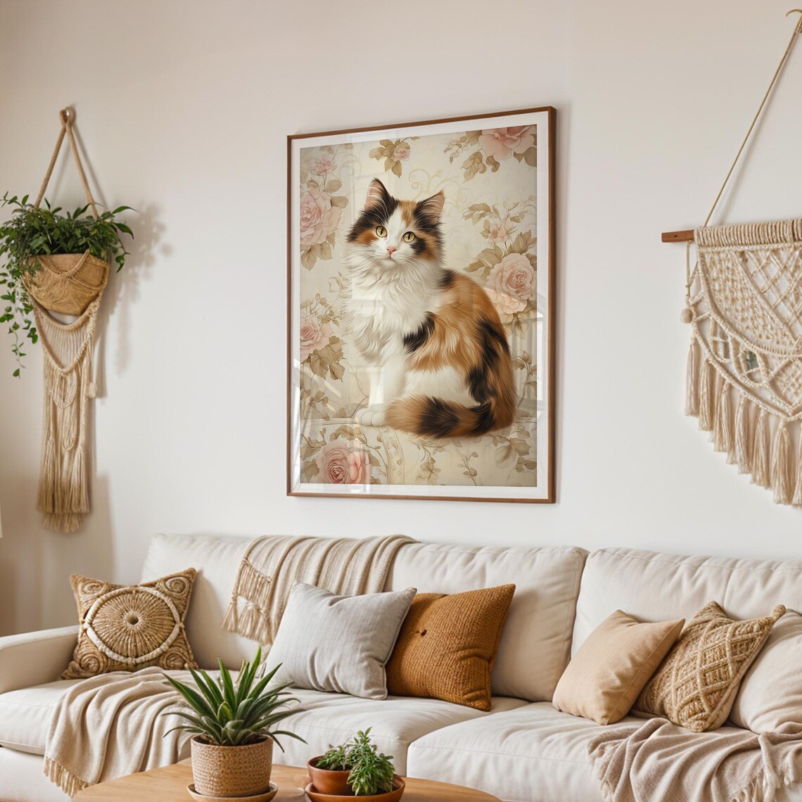 Vintage Calico Cat Portrait Roses Floral Elegant Home Nursery Wall Art - Image 5