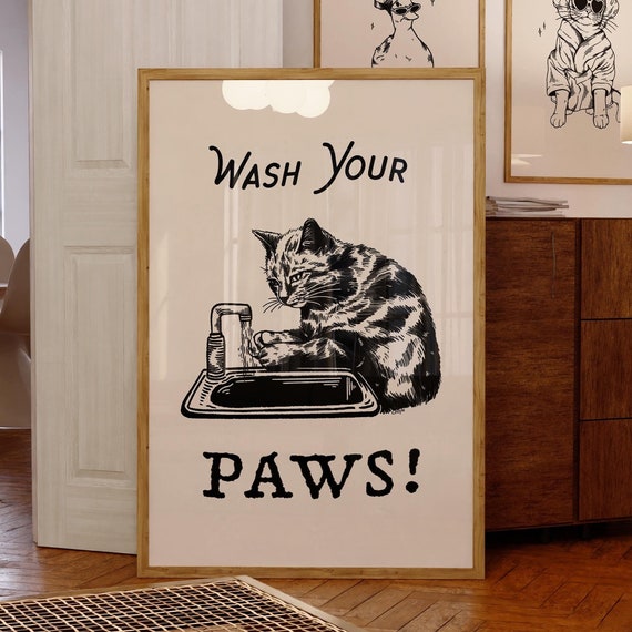 Wash Your Paws Cat Vintage Bathroom Art Print
