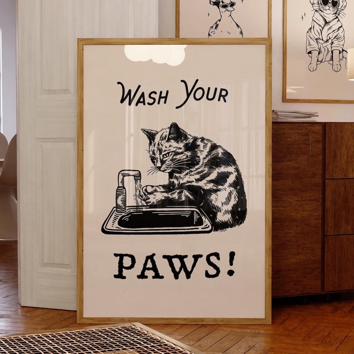 Wash Your Paws Cat Vintage Bathroom Art Print