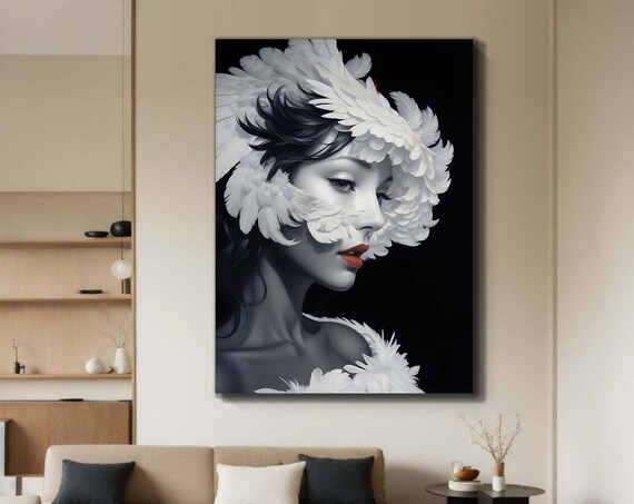 Feathered Woman Portrait Black And White Dramatic Beauty Poster
