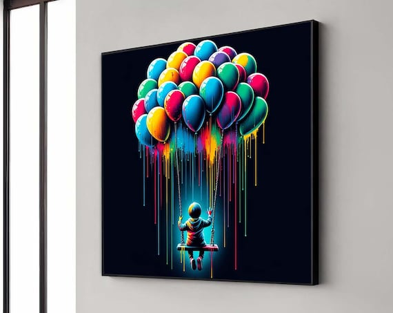 Kid On Swing Under Neon Dripping Balloons On Black Art Poster