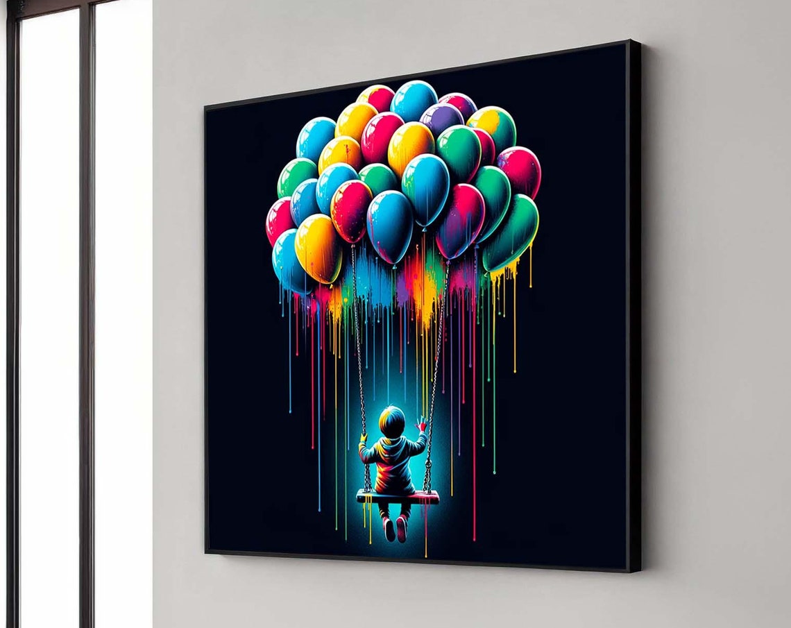 Kid On Swing Under Neon Dripping Balloons On Black Art Poster