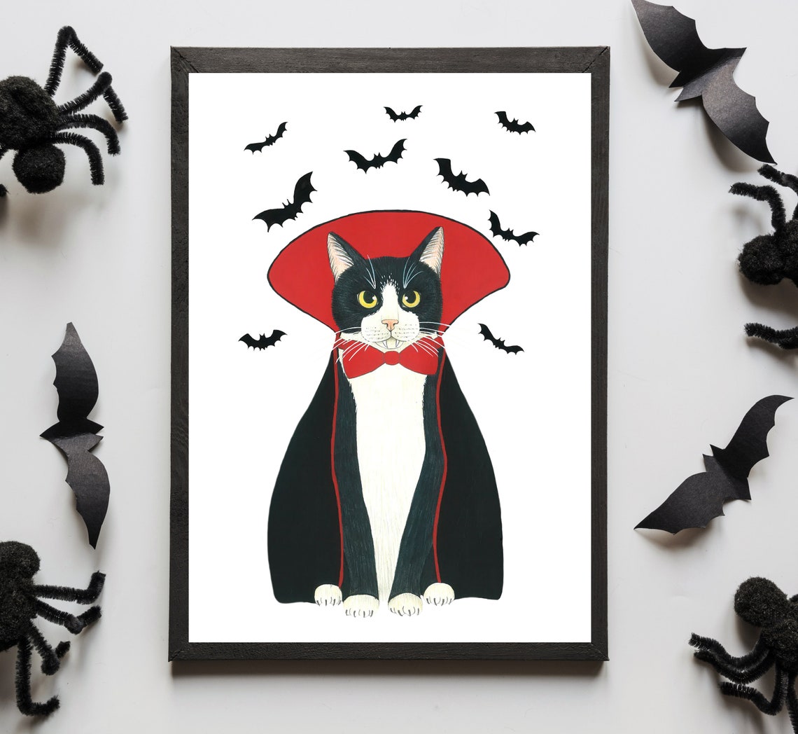 Vampire Cat Halloween Poster, Tuxedo Cat Art