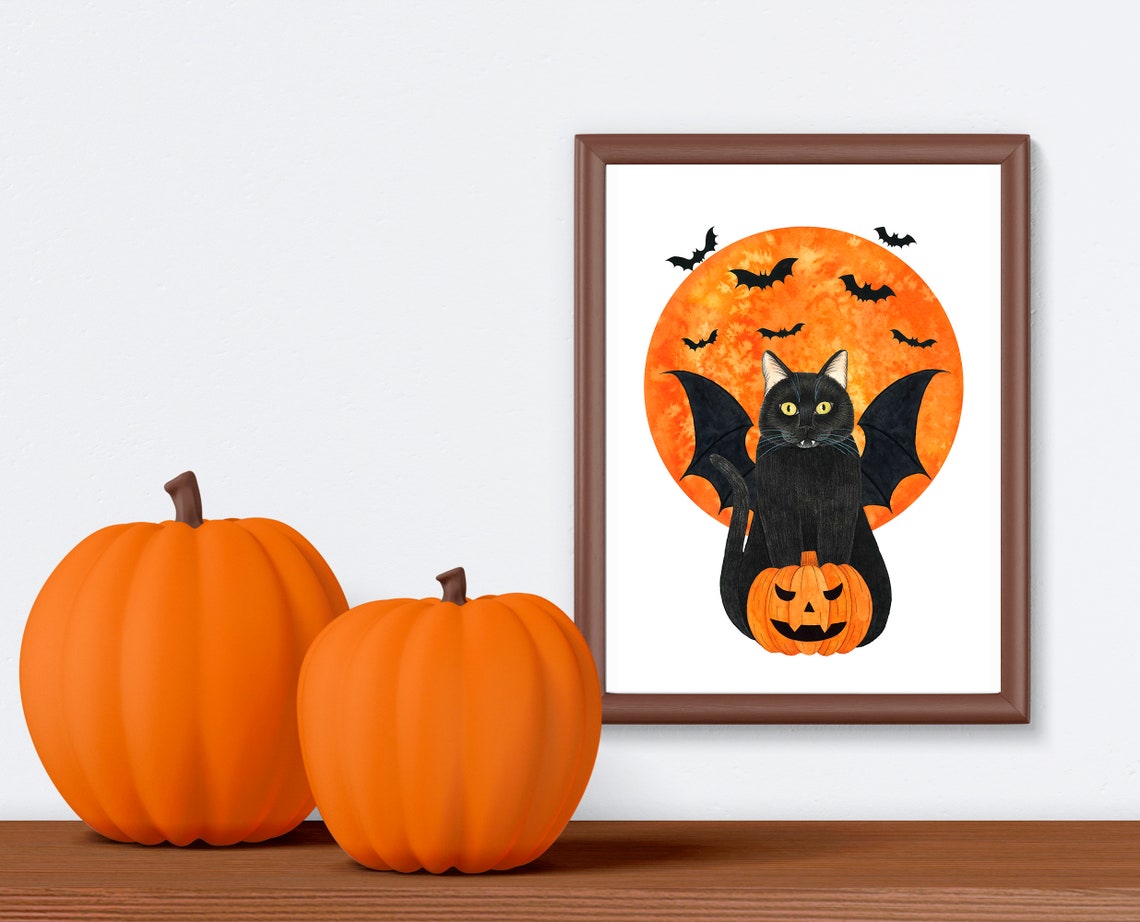 Halloween Black Cat With Pumpkin and Full Moon Watercolor Poster