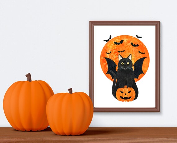 Halloween Black Cat With Pumpkin and Full Moon Watercolor Poster