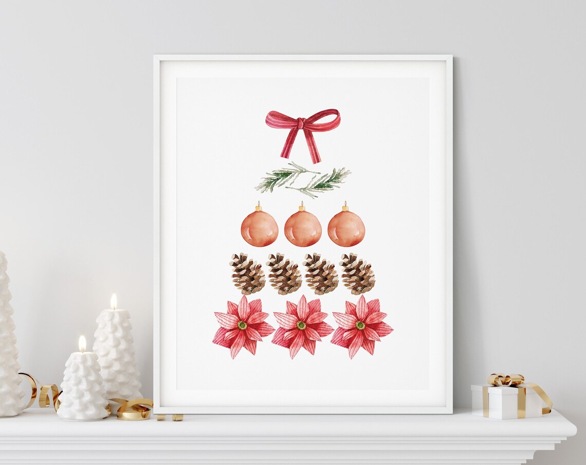 Watercolor Botanical Christmas Tree Made Of Holiday Ornaments Poster