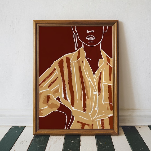 Minimalist Woman Striped Shirt Maroon Background Line Art Poster