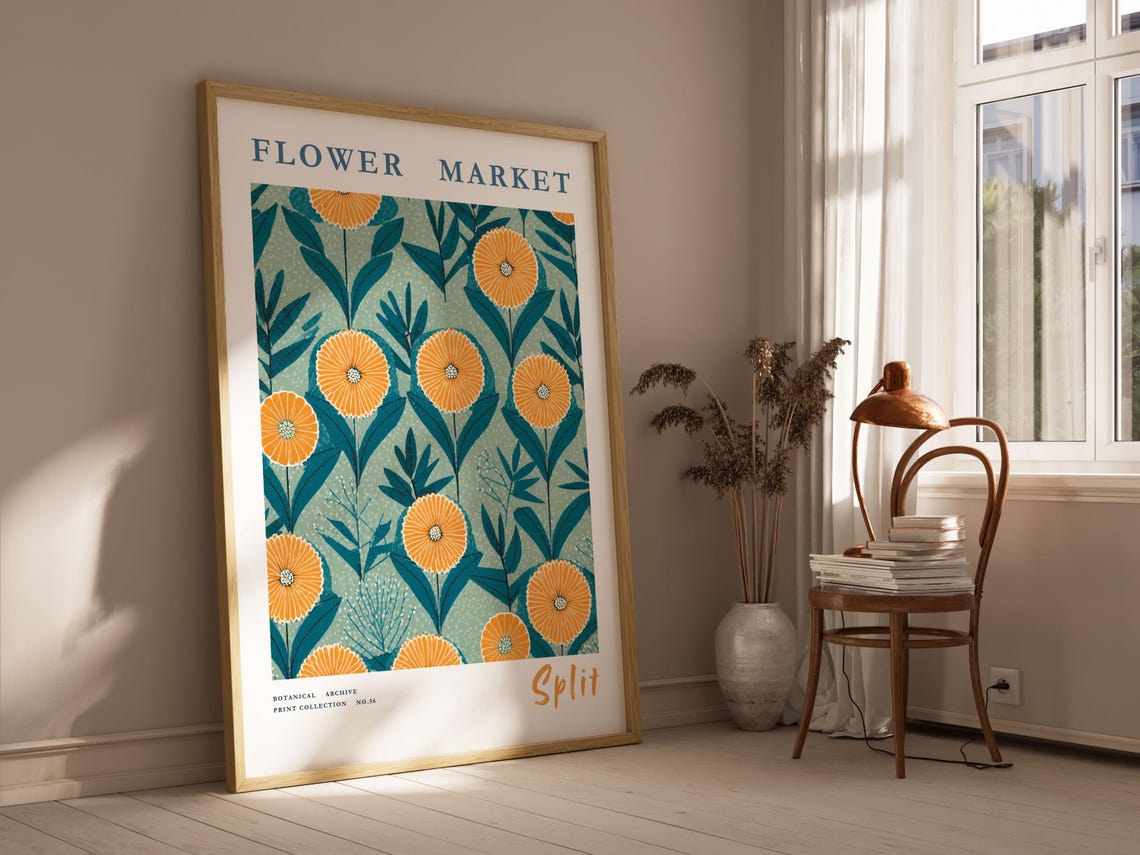 Split Flower Market Orange Blossoms Teal Botanical Art Poster