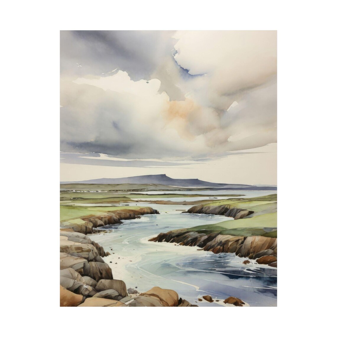 Rocky Tidal Inlet Moody Seascape Watercolor Landscape Poster