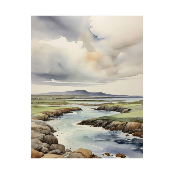 Rocky Tidal Inlet Moody Seascape Watercolor Landscape Poster