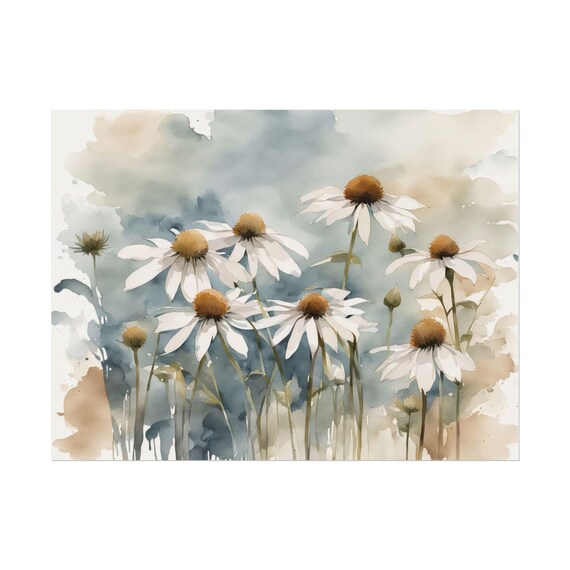 White Daisy Coneflowers Watercolor Soft Blue Floral Meadow Poster
