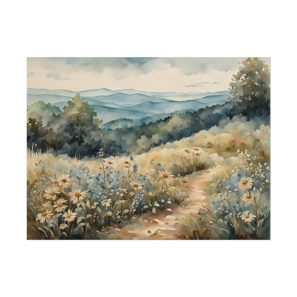 Mountain Daisy Meadow Path Blooming Watercolor Landscape Poster