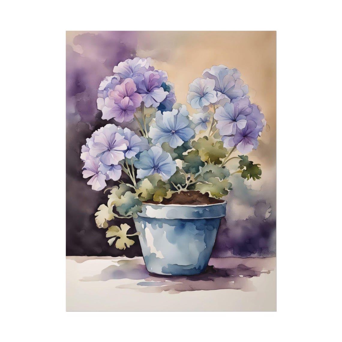 Lavender Purple Geranium Blooms in Blue Pot Watercolor Floral Poster