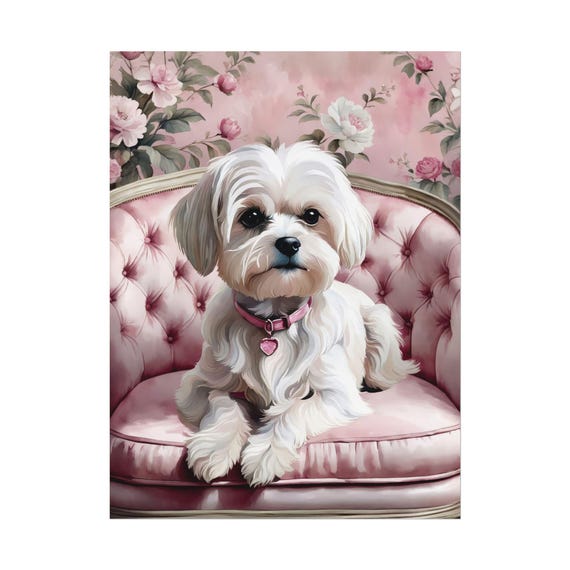 White Maltese Vintage Art Print Pink Chair Dog Lover Poster Unique Gift Pet Portrait Watercolor Painting Giclee Wall