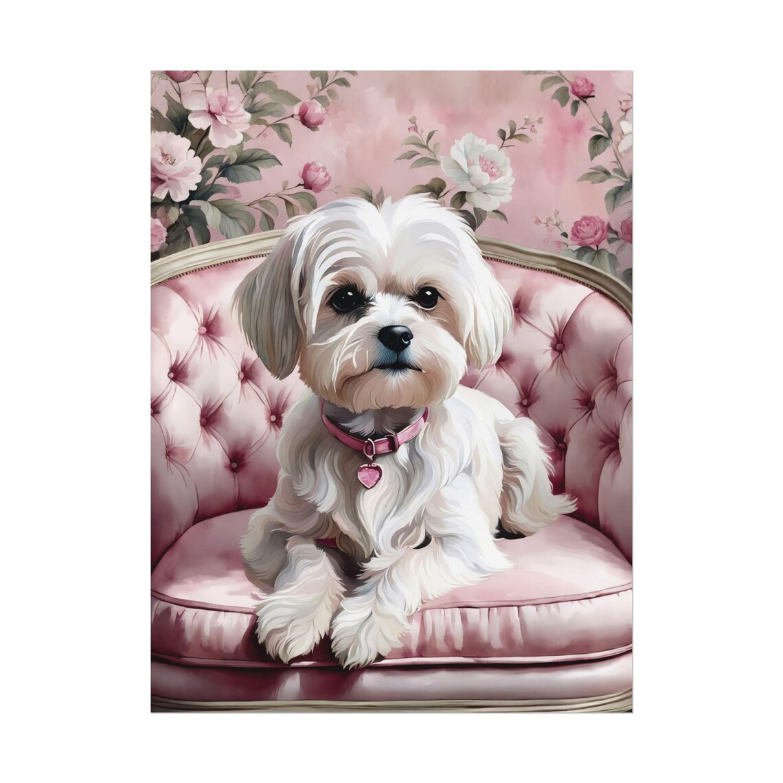 White Maltese Puppy Pink Tufted Chair Floral Dog Portrait Wall Art