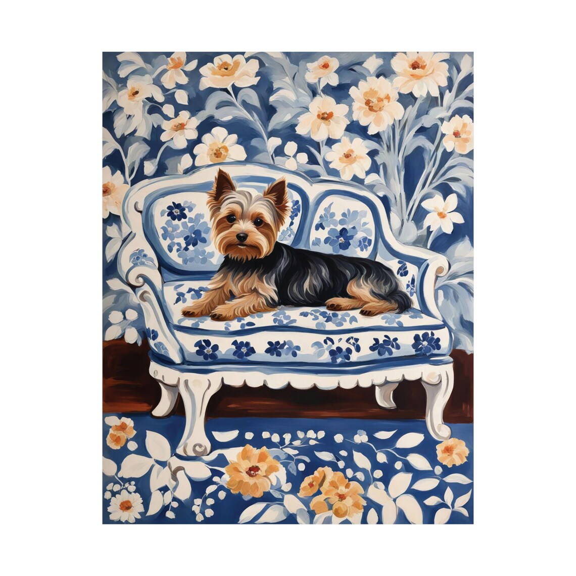 Yorkshire Terrier Chinoiserie Blue White Sofa Floral Dog Portrait Poster