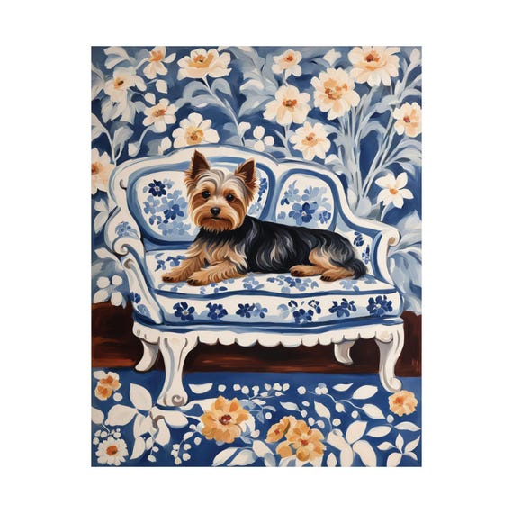 Cute Yorkshire Terrier Art Print Blue Floral Chinoiserie Wall Dog Lover Poster Gift Gouache Painting Unique Home Decor