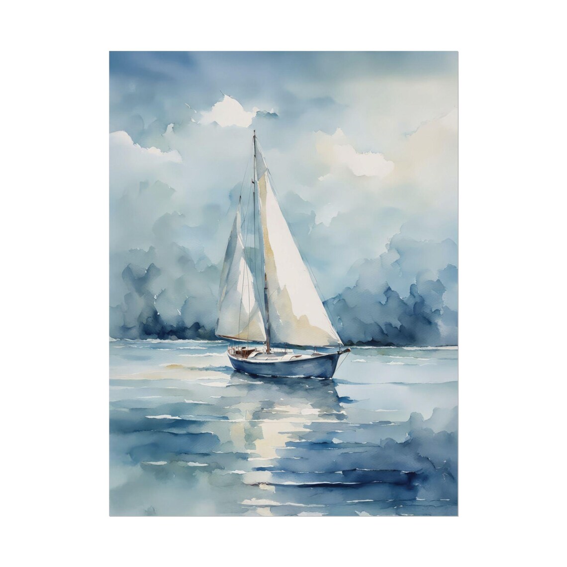 Sailboat Blue Sea Watercolor Cloudy Sky Calm Ocean Sailing Poster