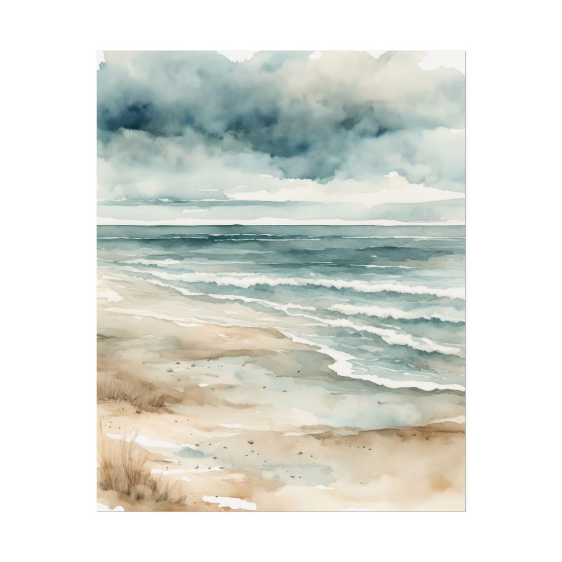 Sandy Beach Storm Clouds Watercolor Rolling Waves Coastal Wall Art