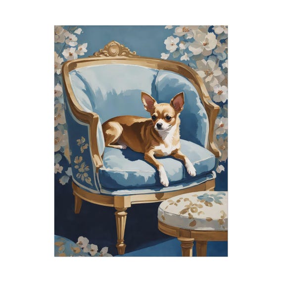 Light Brown Chihuahua Art Print Blue Floral Chinoiserie Wall Dog Lover Poster Gift Watercolor Painting Home Decor Unique