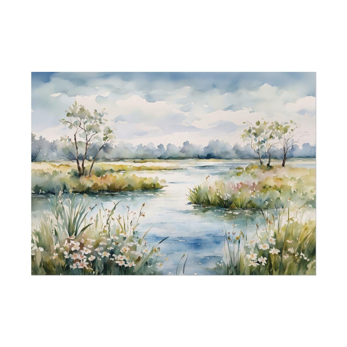 Summer Marsh Wildflowers Watercolor Stream Blue Sky Landscape Poster