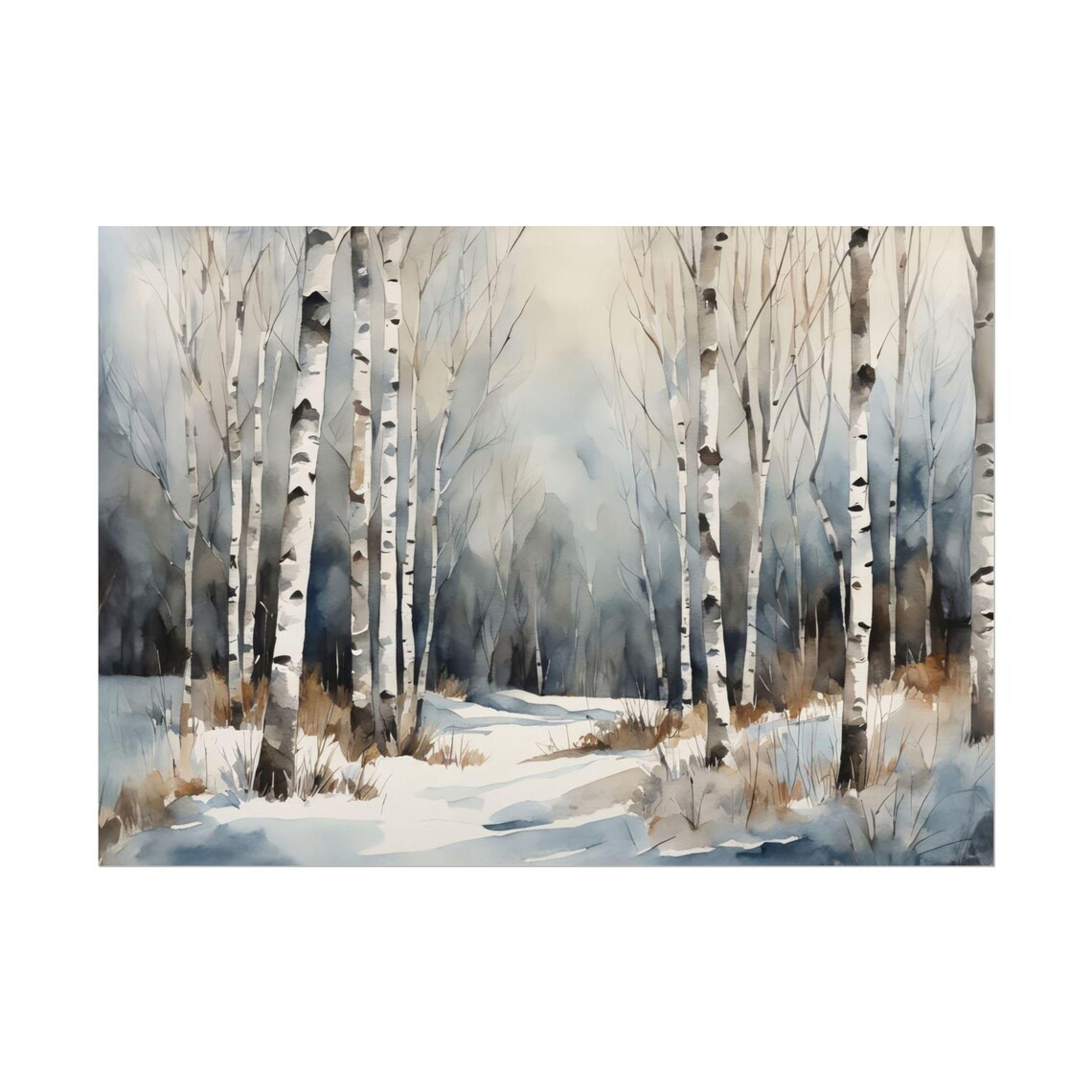 Winter Birch Trees Snowy Forest Watercolor Painting Landscape Poster