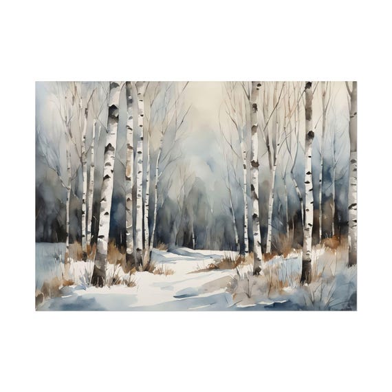 Winter Birch Trees Watercolor Print Forest Painting Nature Art Birches Landscape Neutral Wall
