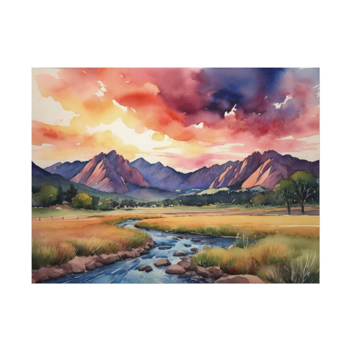 Flatirons Boulder Creek Watercolor Art Print, Colorado