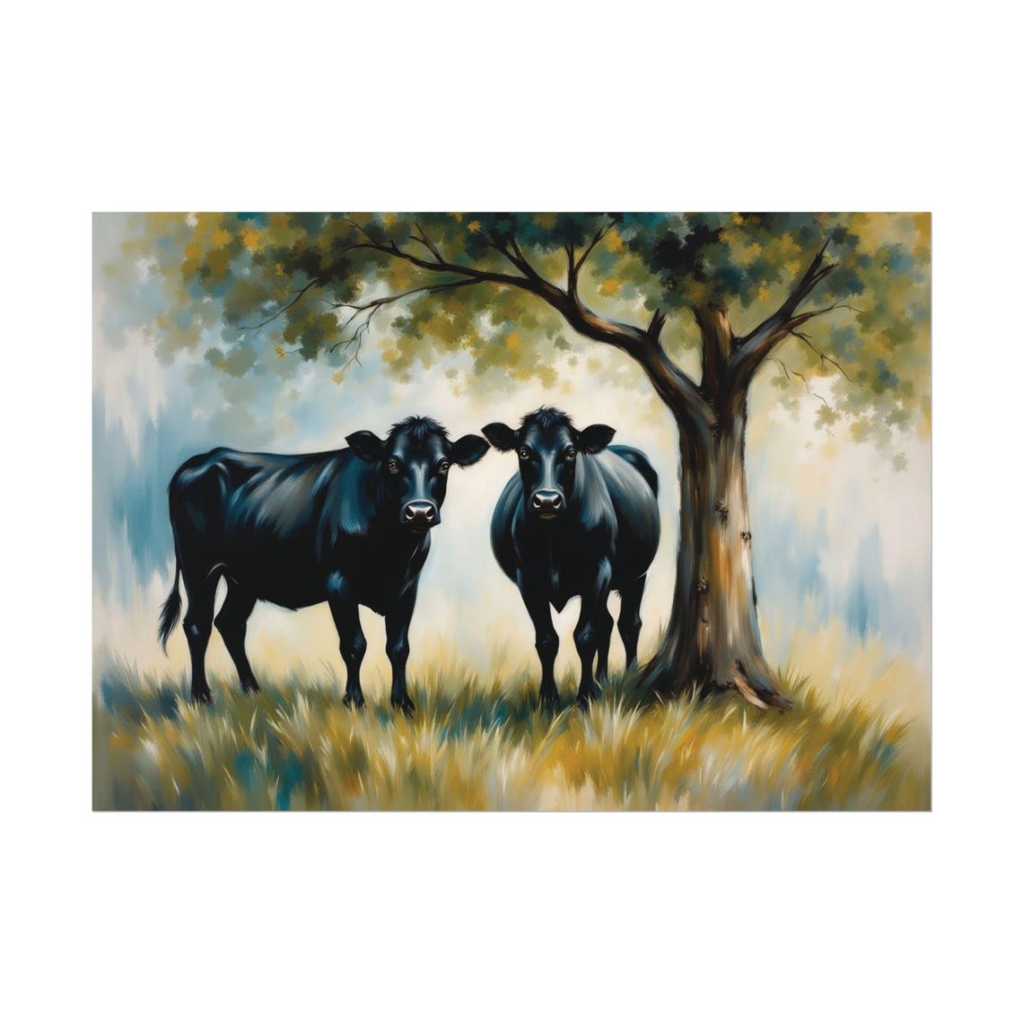 Two Black Cows Under Tree Golden Watercolor Pasture Farm Art Poster