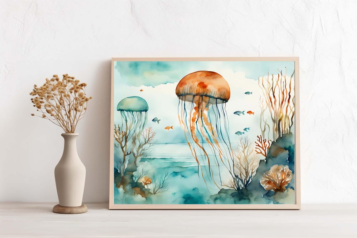 Jellyfish Underwater Watercolor Turquoise Ocean Coral Reef Wall Art