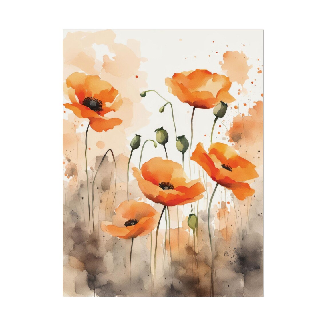 Five Orange Poppy Blossoms Watercolor Floral Botanical Poster