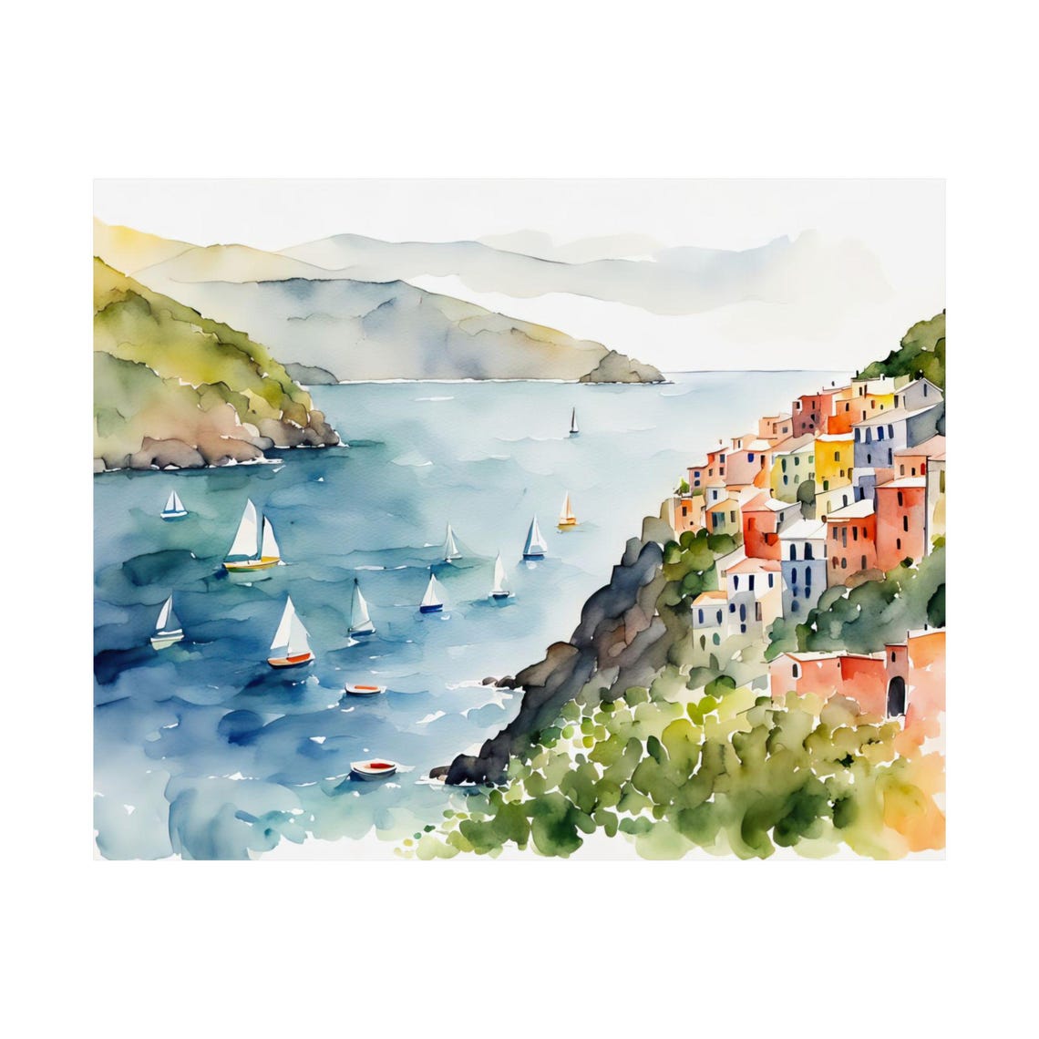 Cinque Terre Coast Sailboats Watercolor Cliffside Village Wall Art