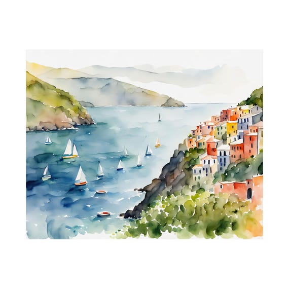 Colorful Corniglia Coast Italy Cinque Terre Watercolor Painting Northern Ligurian Artwork Italian Cityscape Wall Art Sailboats