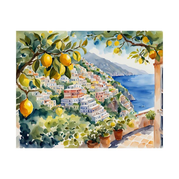 Positano Italy Watercolor Painting Lemon Tree Artwork Italian Cityscape Wall Art Amalfi Coast Poster