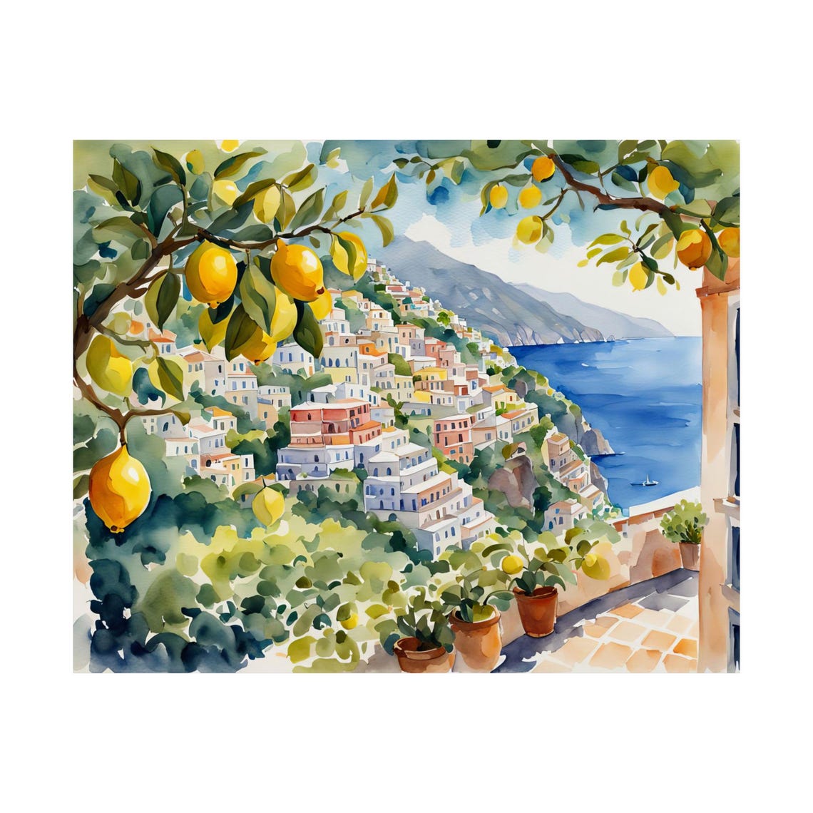 Amalfi Coast Lemon Grove Cliffside Village Watercolor Wall Art