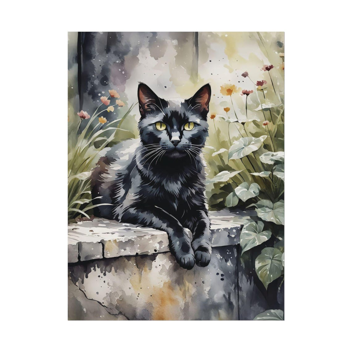 Black Cat Watercolor Print Garden Pet Painting Portrait Art